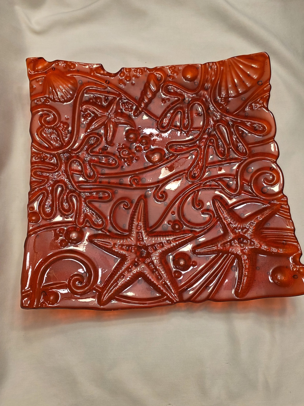 Red Glass Sea Life Decorative Square Plate
